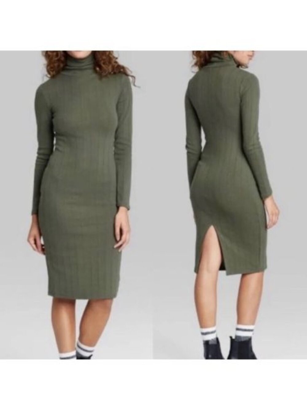 Wild Fable Ribbed Olive Green Turtleneck Midi Dress